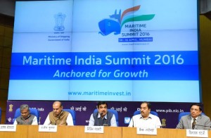 The Union Minister for Road Transport & Highways and Shipping, Shri Nitin Gadkari addressing at the Media Launch of Maritime India Summit 2016, in New Delhi on March 09, 2016. The Secretary, Ministry of Shipping, Shri Rajive Kumar, the Director General (M&C), Press Information Bureau, Shri A.P. Frank Noronha and other dignitaries are also seen.