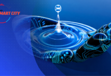 AI in Water Infrastructure: Bangalore’s Water Management Transformation Digital artwork depicting a glowing robotic hand beneath a water drop creating ripples, with circuit board patterns in blue and a "Smart City" logo on the left.