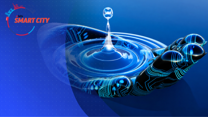 Bangalore water mangement AI Digital artwork depicting a glowing robotic hand beneath a water drop creating ripples, with circuit board patterns in blue and a