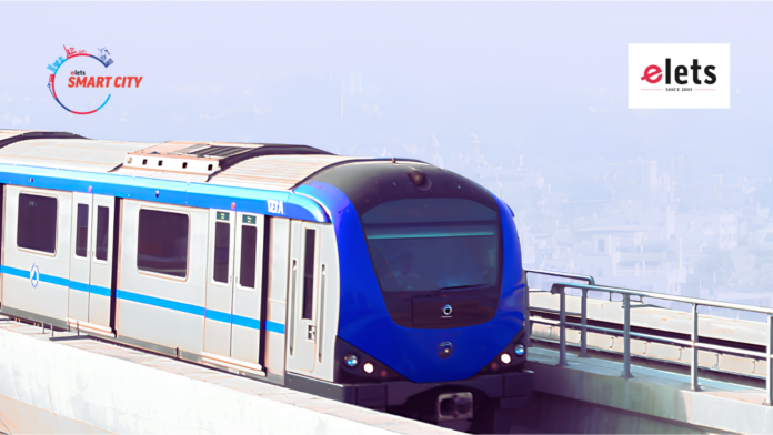 Elevated Chennai Metro train operating along the Phase 2 corridor viaduct in Chennai
