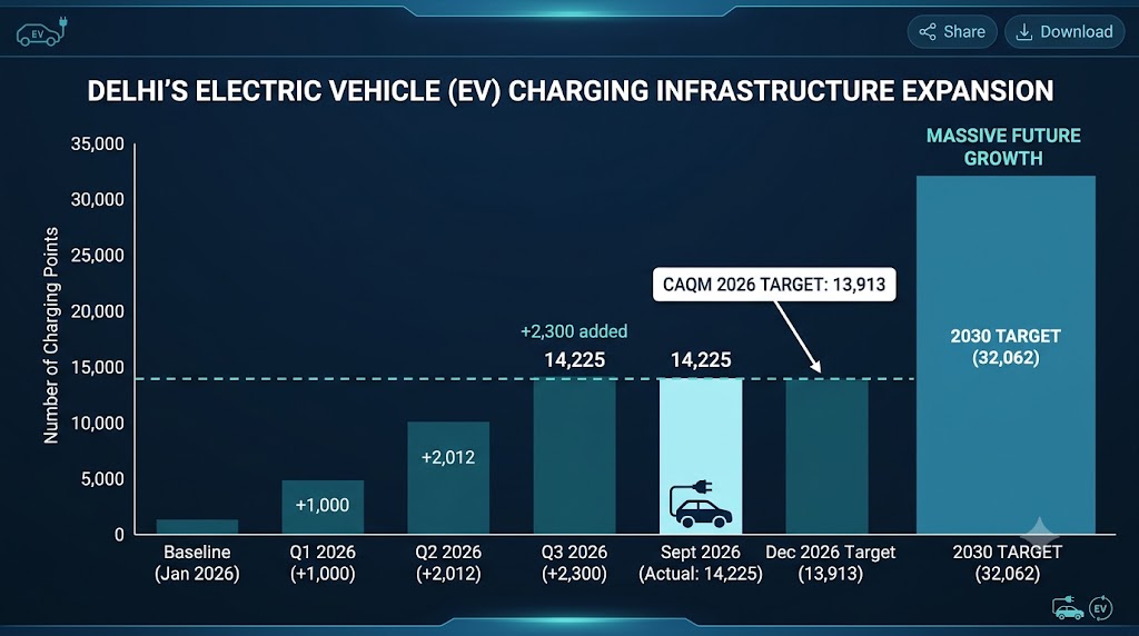 Delhi electric vehicle charging infrastructure quarterly growth chart and 2030 target milestone