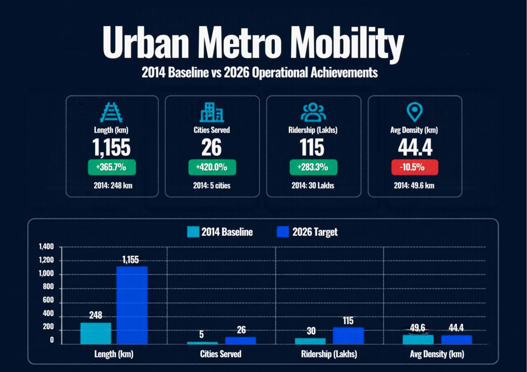 Urban Metro Mobility compares 2014 baseline figures with 2026 operational achievements using metric cards and a bar chart.