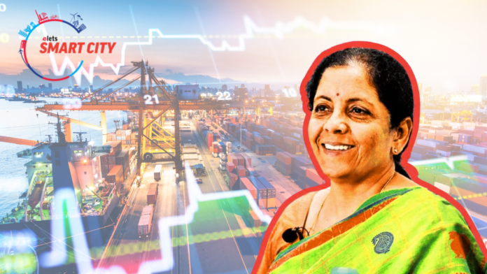 Nirmala Sitharaman alongside cargo port graphics and economic growth charts.