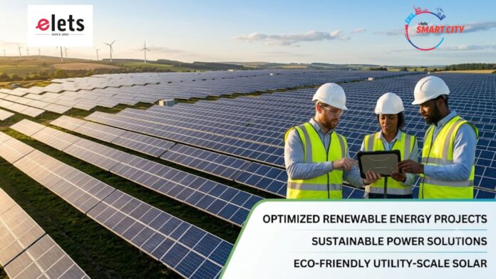 Engineers inspecting solar panels at a large utility-scale solar farm for Evolve Green Energies 3 GW renewable project.