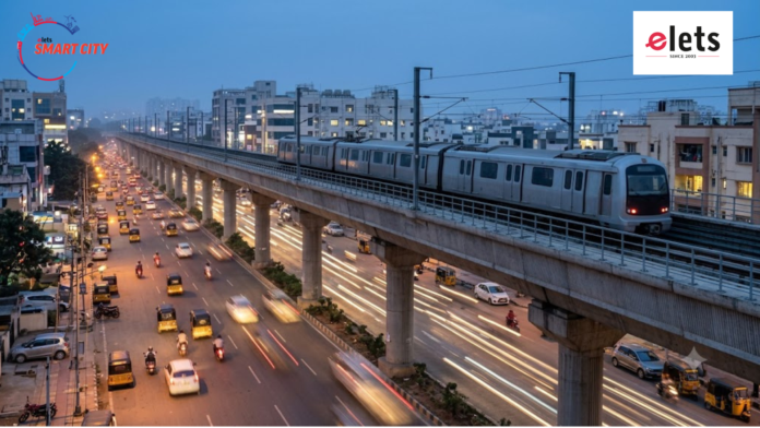 Generic elevated modern metro train running on a concrete viaduct over a busy Indian road during blue hour with traffic light trails.